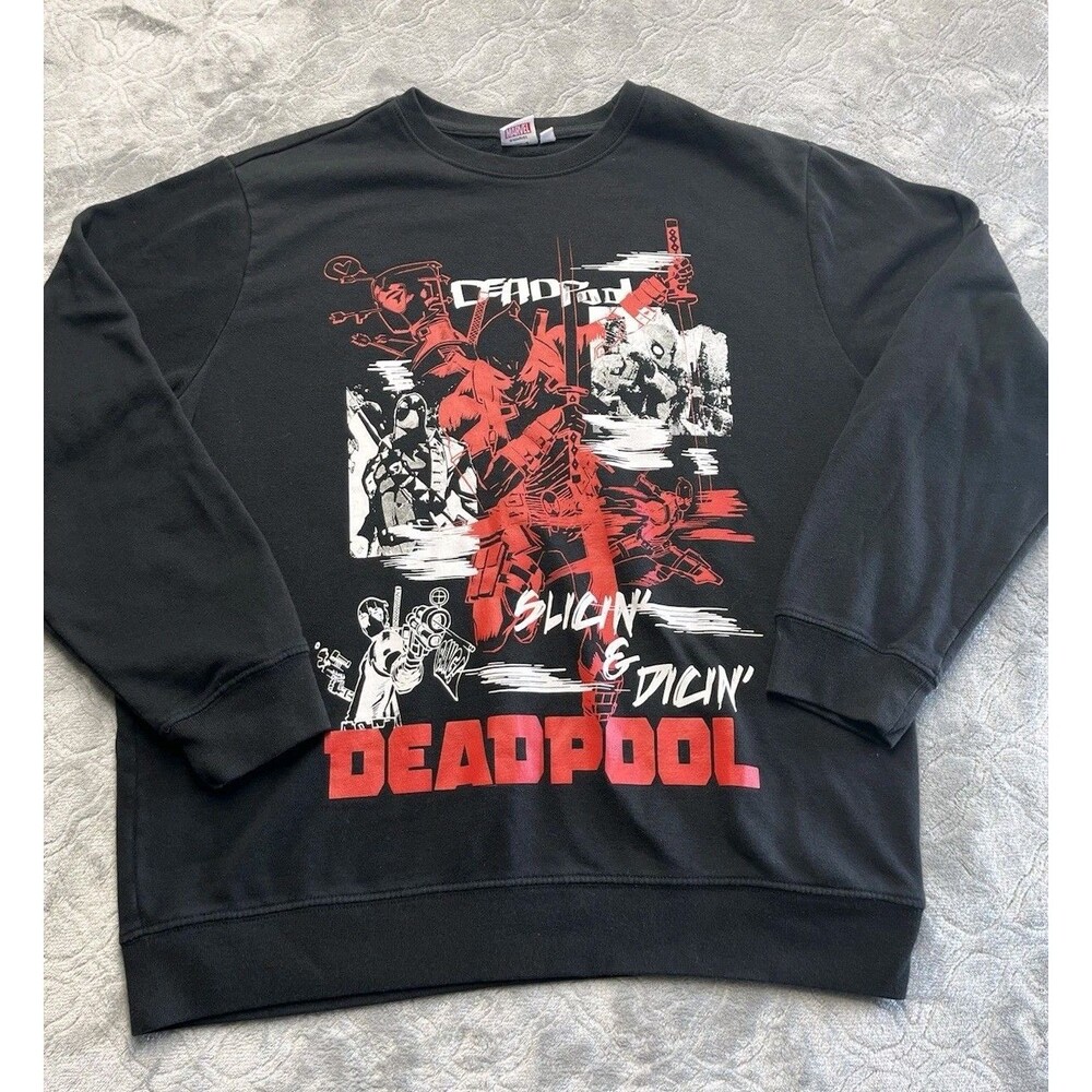 Marvel Deadpool Sweatshirt Men’s Large Black Graphic Crewneck Slicin' & Dicin'